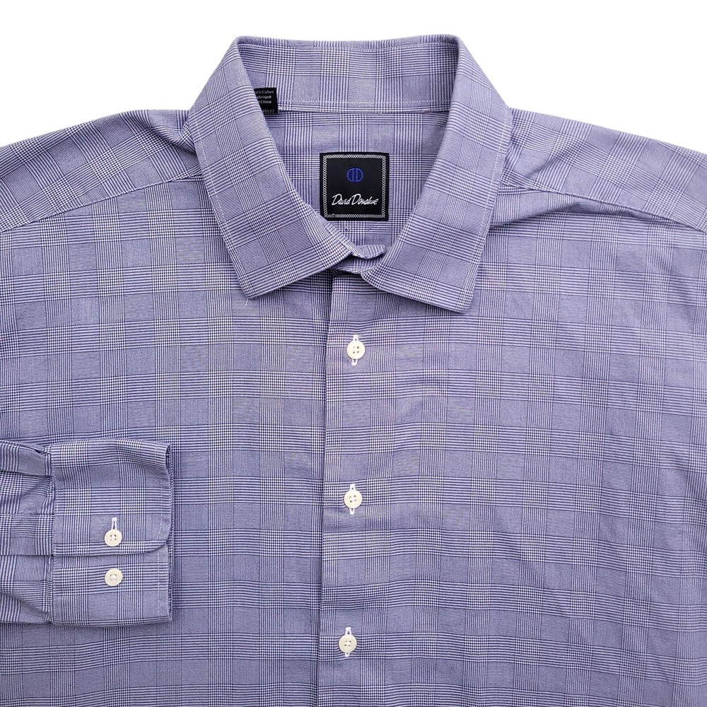 David Donahue‎ Dress Shirt Mens 17.5 34/35 Regular Fit Blue Glen Plaid
